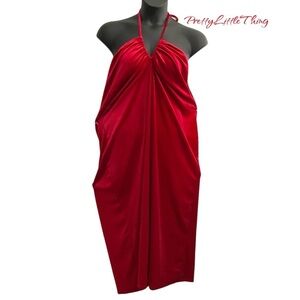 PrettyLittleThing Red Velvet Halter Ruched Midi Party Evening Dress Plus SZ 26